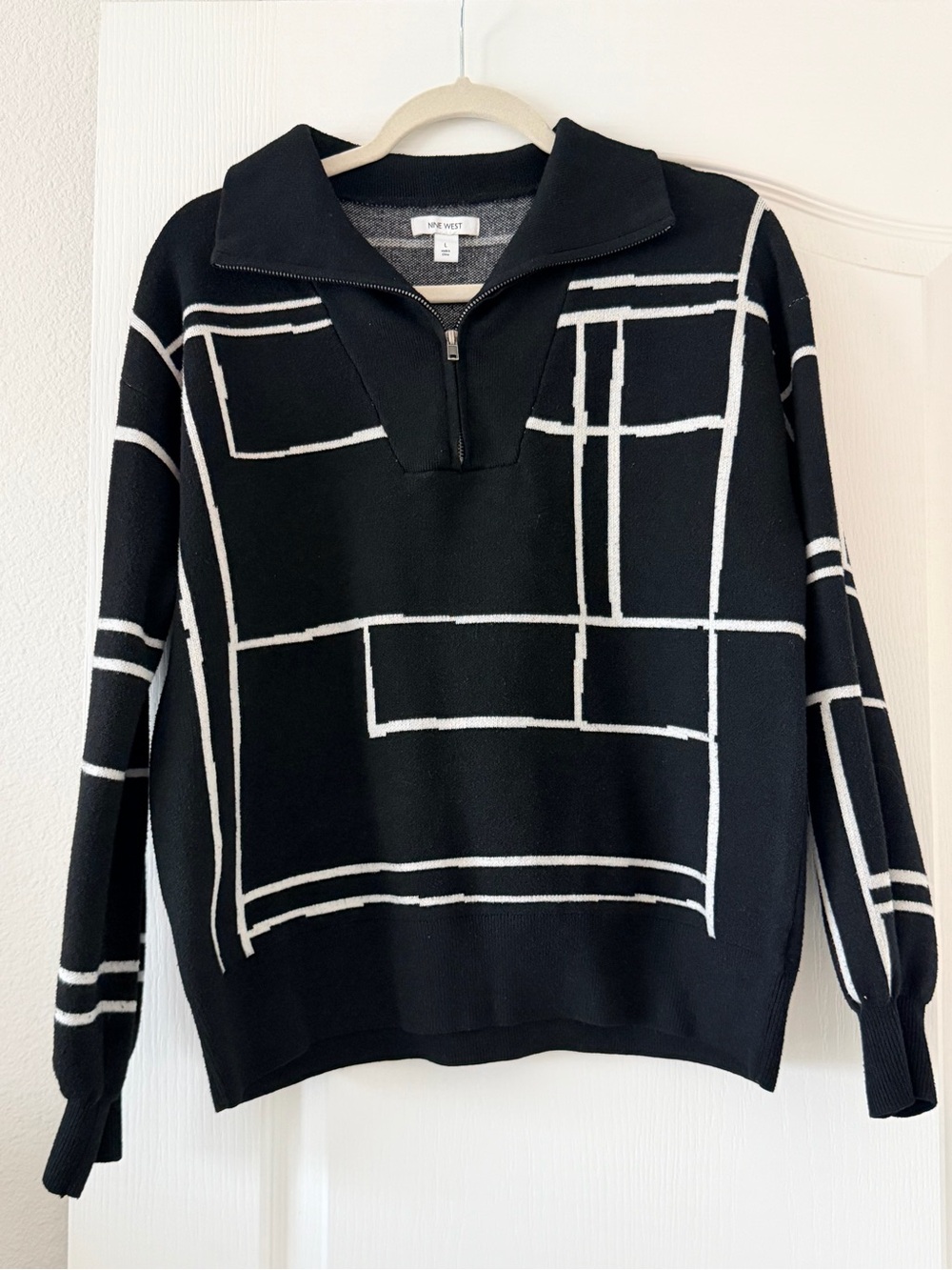 Nine West black and white patterned half-zip pullover sweater - Picture 2 of 6